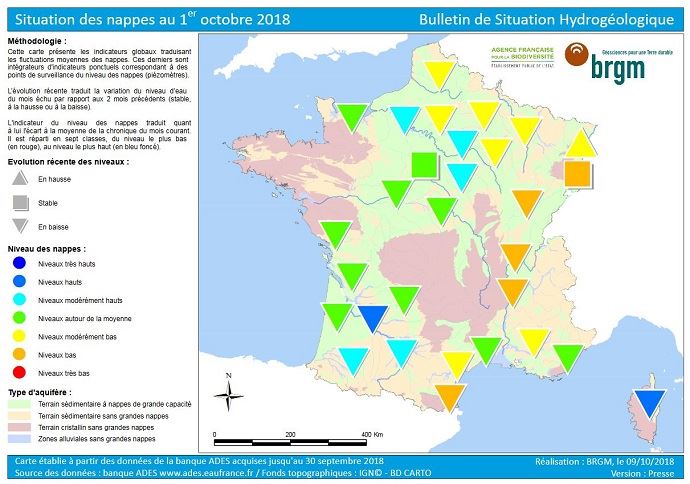 Ãtat des nappes phrÃ©atiques en France au 1er octobre 2018