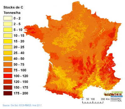 Stock de carbone dans les sols de France, 2007. © GIS Sol